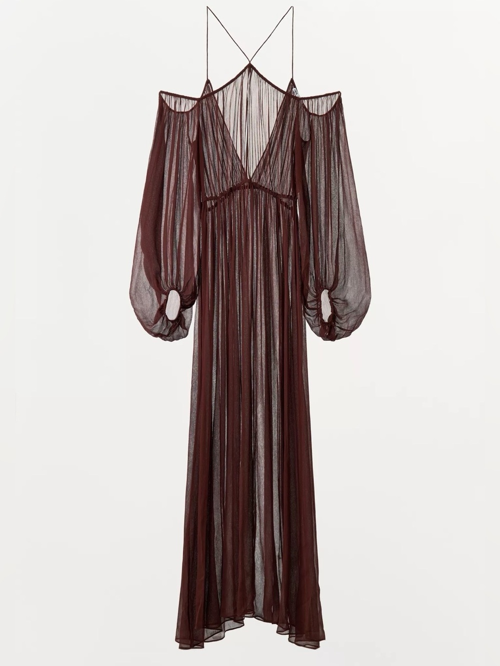 Zara Sheer Brown Off-Shoulder Maxi Dress